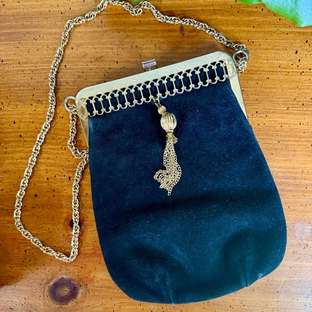 Vintage Black Suede Evening Purse Gold Chain Tassel Bag Triangle New York